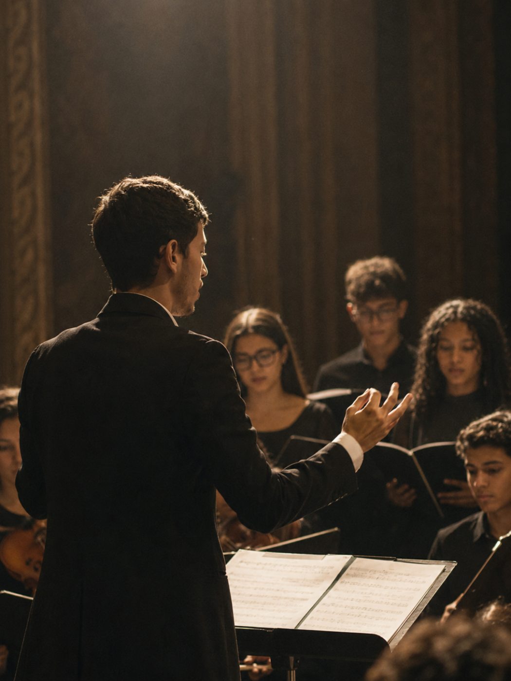 Enzo Furlan regendo coro de jovens em palco com luz quente