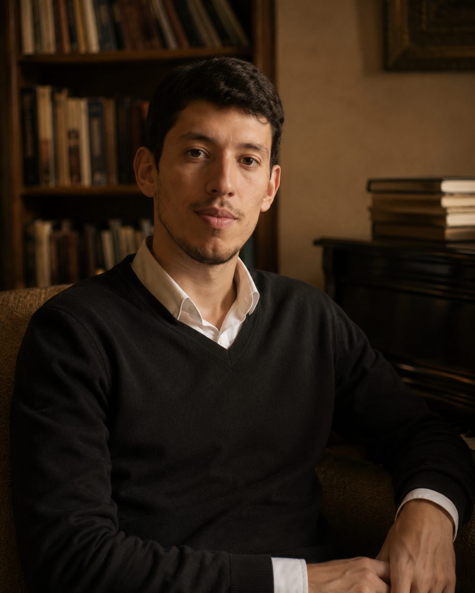 Retrato de Enzo Furlan em ambiente cultural, com estante de livros e piano ao fundo