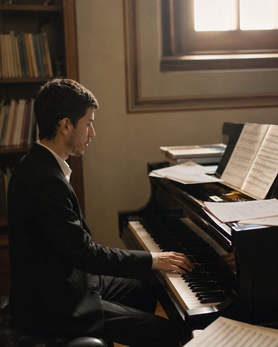 Enzo ao piano em sala de ensaio com estante de livros