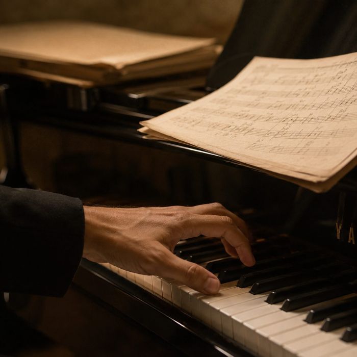 Mão sobre teclas de piano com partitura antiga em primeiro plano