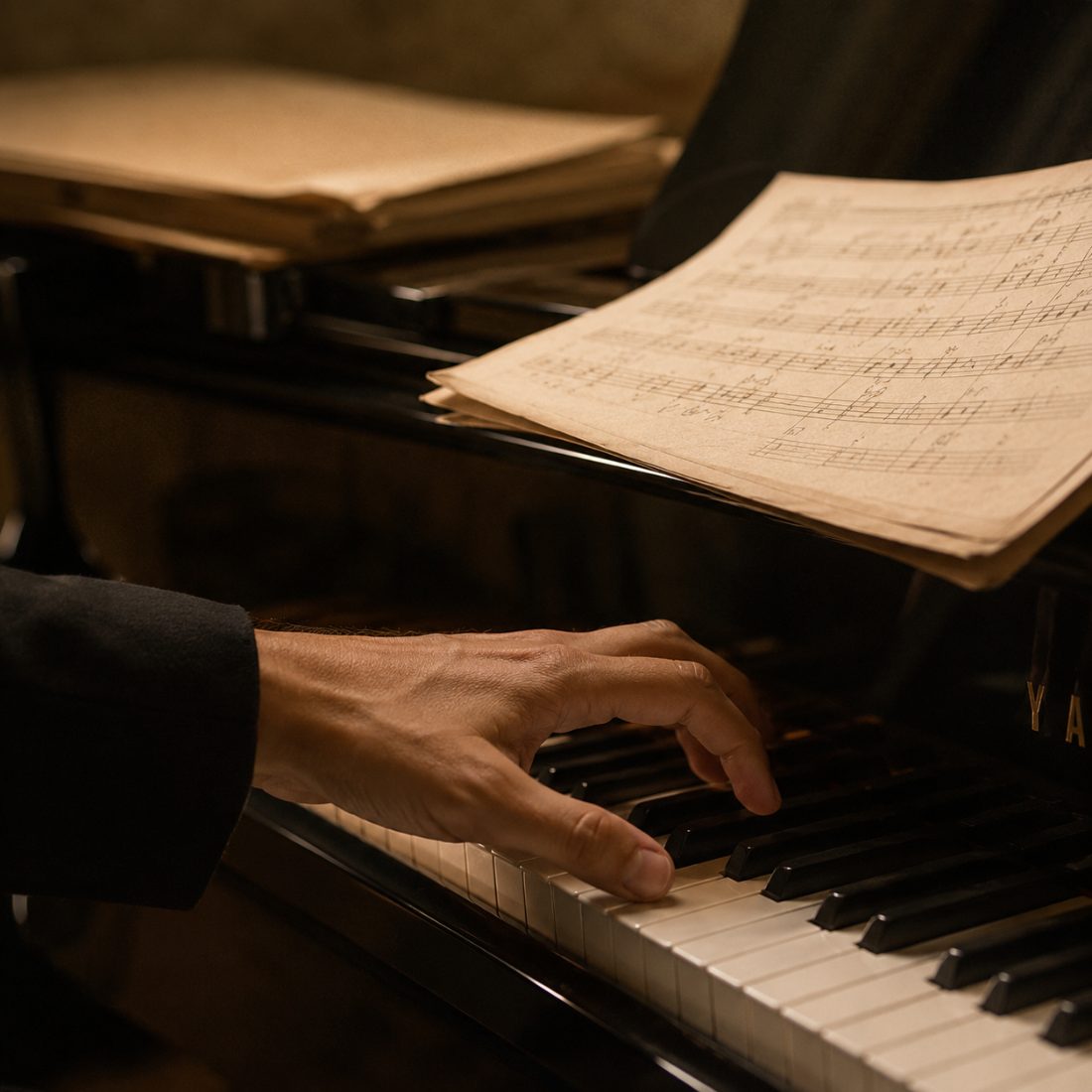 Mão sobre teclas de piano com partitura antiga em primeiro plano