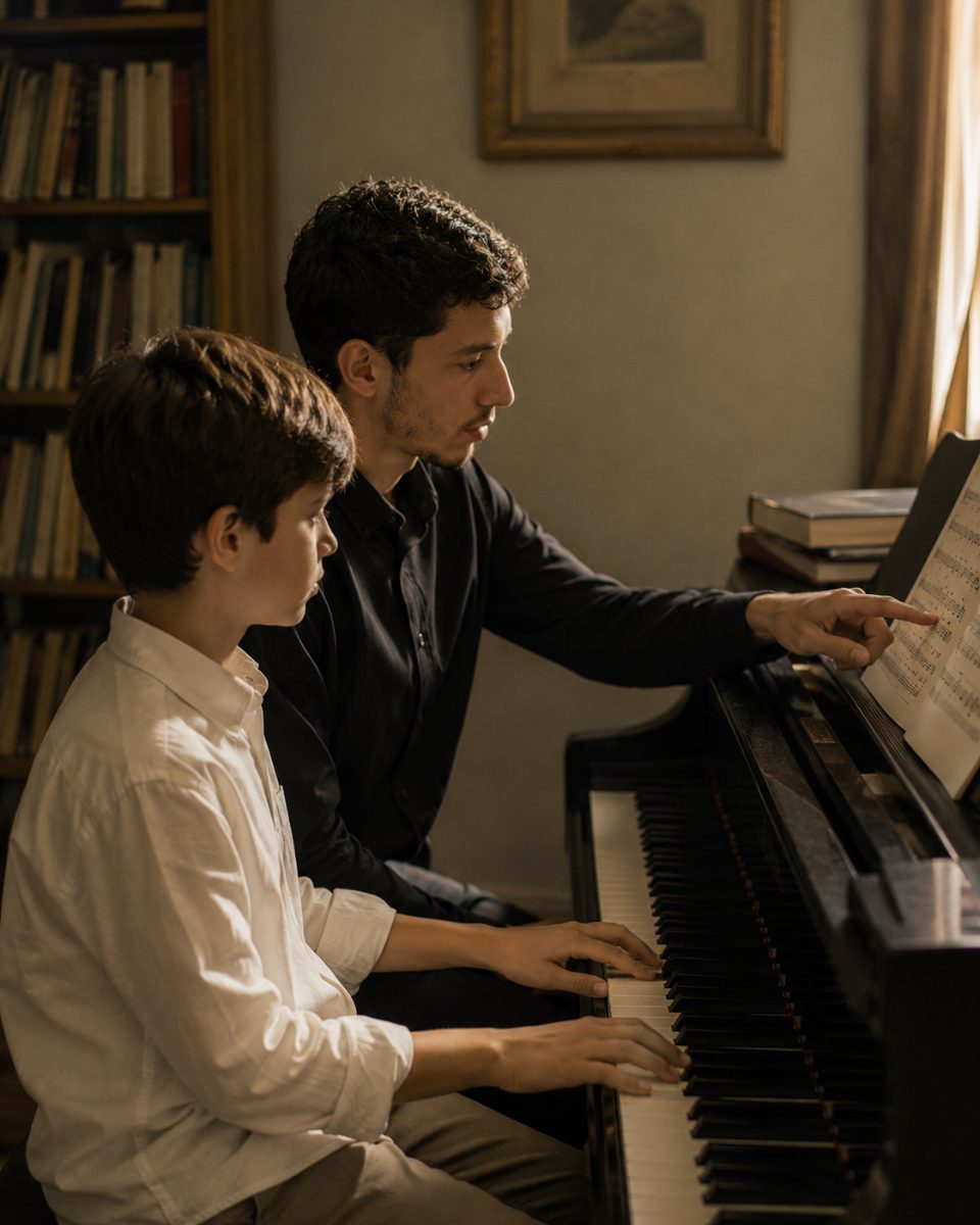 Enzo ensinando um aluno ao piano, indicando a partitura